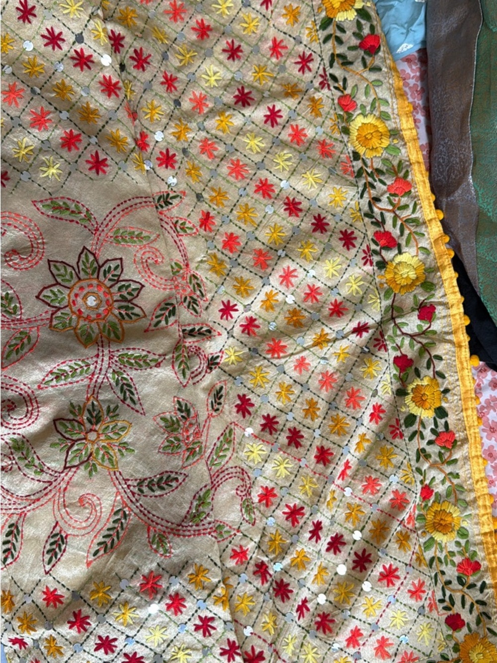 Embroidered Floral Beige Scarf with Multicolor Stitching
